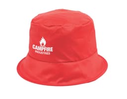 A red bucket hat with a logo on the front, featuring a wide brim and a soft fabric design.
