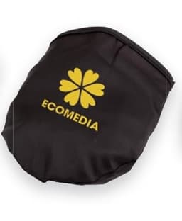 A black headwear product with a yellow logo featuring a flower design and branding.