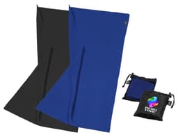 Two workout towels in black and blue, accompanied by a mesh pouch and a branded storage bag.