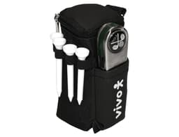 A black golf accessory pack featuring a drink bottle and space for golf tees. Includes a logo.