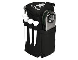 A black golf pack with a zipper, containing a tee holder, a golf ball marker, and three white tees. It features a logo.