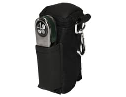 A black pouch with a clip, featuring a golf tool and a pocket, ideal for golfers. It has a logo on the front.