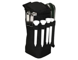 A black zippered pouch containing golf tees and a small accessory, featuring a clip and branding.