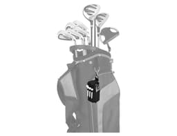 A golf bag featuring clubs and a black and white themed accessory with a logo.