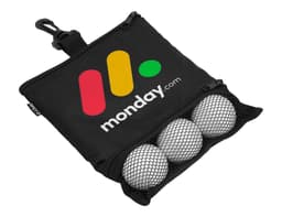 A black pouch with a logo, featuring three golf balls inside a mesh compartment.