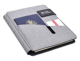 A grey hands-free A5 portfolio with a pocket for a passport and a card holder, featuring a logo.