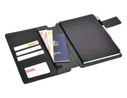 A black hands-free A5 portfolio featuring card slots, a zippered pocket, and a notebook or passport holder.