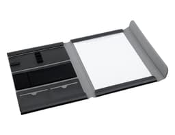 A black A4 portfolio with sections for notes, cards, and a notepad, featuring a logo.