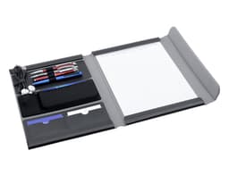 A black A4 portfolio with compartments for pens, a notepad, and storage for accessories and cards.