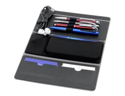 A black remote work A4 portfolio featuring pens, a USB cable, earphones, and pockets for notes and cards.