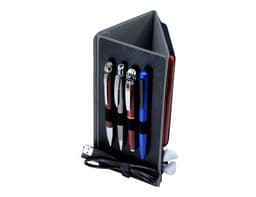 A black portfolio with multiple compartments, featuring pens, a USB cable, and earbuds.