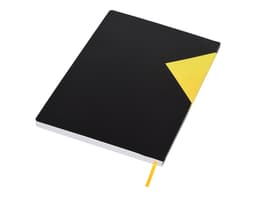 A black A5 notebook with a yellow geometric design and a yellow ribbon bookmark. It has a logo on the cover.