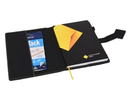 A black A5 portfolio featuring a yellow design, with an elastic band and a pocket for storing items.
