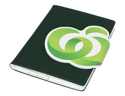 A green A5 portfolio with a curved logo design on the front. The portfolio features a sleek finish and a notepad inside.