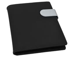 A black portfolio with a silver clasp, featuring a sleek design suitable for office use.