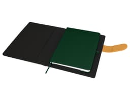 A green notebook inside a black portfolio with a yellow accent. The portfolio has an interior pocket.
