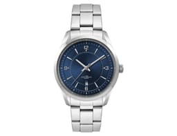 A stainless steel strap watch with a blue dial, featuring silver hour markers and a date display.