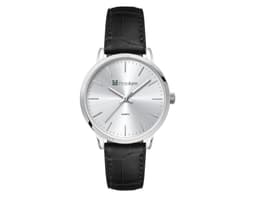 A ladies dress watch featuring a silver dial, black leather strap, and a logo on the face.