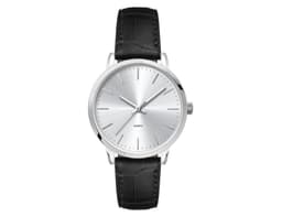 A ladies dress watch featuring a silver dial and a black leather strap, with a sleek, minimalist design.