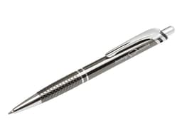 A metal pen in black with a textured grip and a silver clip, featuring a logo on the side.