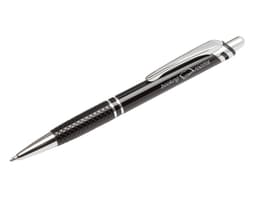 A metal pen in black with a textured grip and shiny chrome accents, featuring branding on the barrel.