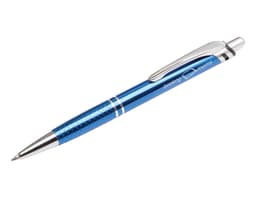 A blue metal pen with a textured grip and silver accents, featuring a branding logo.