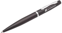 A metal pen in black with a silver clip, featuring a logo on the barrel.