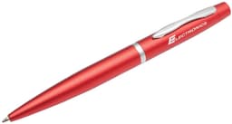 A red metal pen with a silver clip and branding, featuring a sleek, modern design.