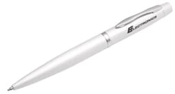 A metal pen in a sleek silver finish with a clip and branding on the side.