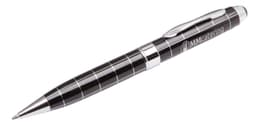 A metal pen featuring a black and silver design with a sleek finish and a logo.