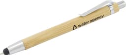 A bamboo pen with a silver clip and tip, featuring a logo on the barrel.