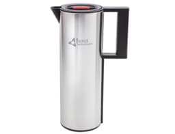 A stainless steel vacuum jug with a black lid and handle, featuring a logo on the side.
