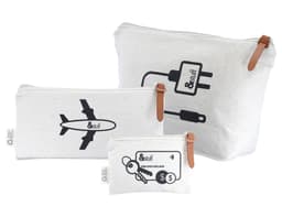 A set of three cream-coloured canvas bags with black designs, featuring an airplane, charger symbol, and key motif.