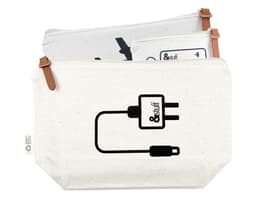 A cream-coloured travel set featuring two pouches with leather accents and minimalist designs, including a logo.