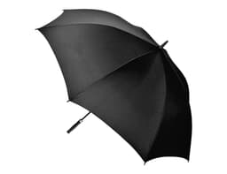 A black auto golf umbrella with a sturdy handle and an overall sleek design. It features a logo on the handle.