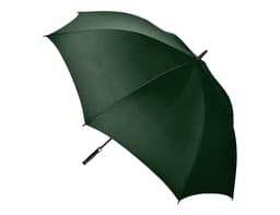 A green auto golf umbrella with a curved handle and a simple design, featuring a logo.