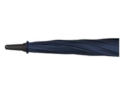 A navy blue auto golf umbrella featuring a curved handle and a textured shaft, with a logo on the fabric.