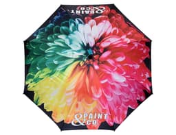 A large umbrella featuring a vibrant floral design in a mix of pink, green, and blue colours, with a logo on it.