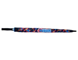 A golf umbrella featuring a vibrant, multicoloured design with a handle cover and a logo.
