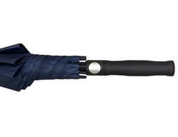 A navy blue promotional golf umbrella with a black handle and a logo on the side.