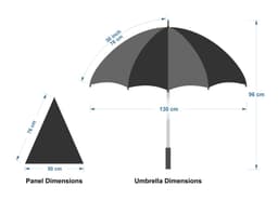 A black golf umbrella with a grey panel design, featuring dimensions for both the umbrella and a panel.