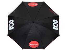 A black umbrella with a design featuring logos, shown from an overhead view.