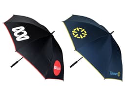 A promotional umbrella featuring a black side with logos and a navy side with a logo, equipped with a black handle.
