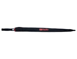 A black umbrella with a handle and a branding logo in red on the cover.