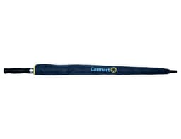 A navy umbrella with a black handle and a branding logo on the canopy.