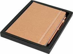 A gold glitter A5 notebook with an elastic band and a matching pen, neatly presented in a black gift box.