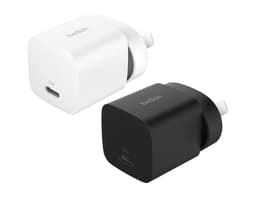 A wall charger set in white and black, featuring a USB-C port and a branding logo.