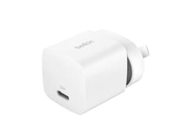 A white 25W wall charger with a USB-C port, featuring a smooth, minimalistic design and a brand logo.