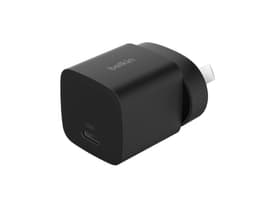 A black Belkin 25W wall charger with a USB-C port and a logo. Compact and rectangular in shape.
