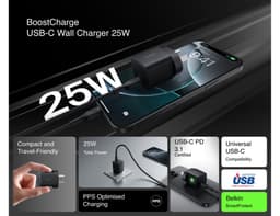 A compact black USB-C wall charger with a cable, featuring a sleek design and a brand logo.